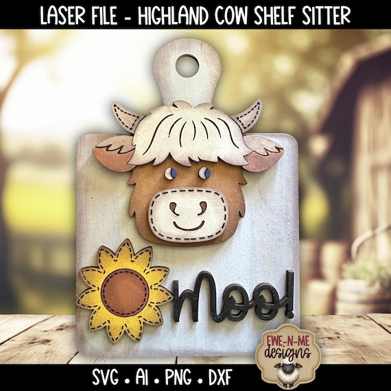 Highland Cow Sunflower Sign SVG - Farm Animal Laser Cut File - Cow Shelf Sitter - Layered Wood Craft Pattern - Digital Download