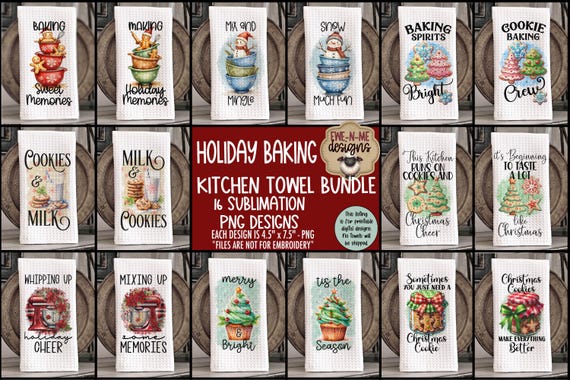 Holiday Kitchen Towel Designs | 16 Christmas Sublimation PNG Files | Dish Towel Bundle Digital Download