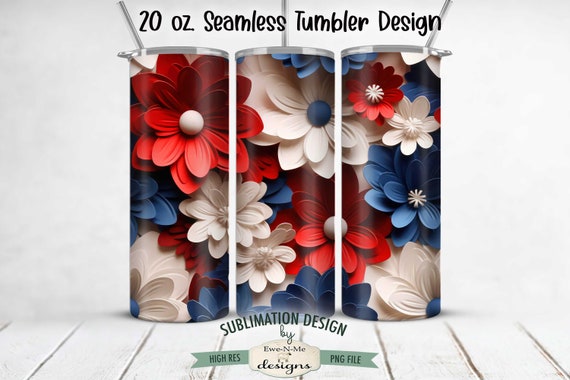 Red White Blue 3D Flowers Sublimation Tumbler Wrap Design  - SEAMLESS 3D Patriotic Flowers Sublimation 20 oz. Tumbler Wrap Straight Design