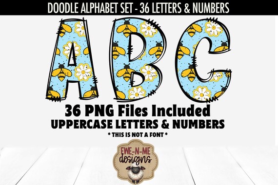 Bees and Flowers Blue Doodle Alphabet & Numbers | 36 PNG Files | Individual Letters and Numbers in PNG format | Bee Letters and Numbers