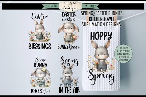 Spring Easter Bunny Gardening Towel Sublimation Bundle -  Easter Spring Sublimation Designs - Cute Rabbits in Overalls - Garden Bunny PNG