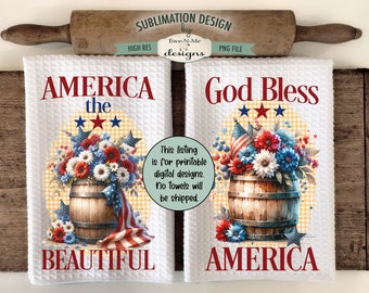 Patriotic Barrel with Flowers Sublimation Design for Kitchen Towels -  July 4th Kitchen Towel Designs - Red White Blue Towel PNG Designs
