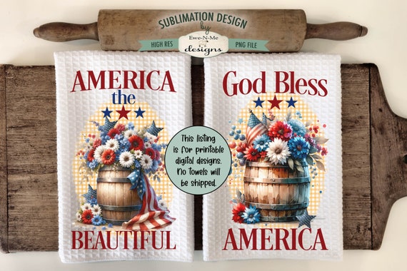 Patriotic Barrel with Flowers Sublimation Design for Kitchen Towels -  July 4th Kitchen Towel Designs - Red White Blue Towel PNG Designs