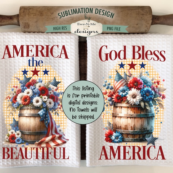 Patriotic Barrel with Flowers Sublimation Design for Kitchen Towels -  July 4th Kitchen Towel Designs - Red White Blue Towel PNG Designs