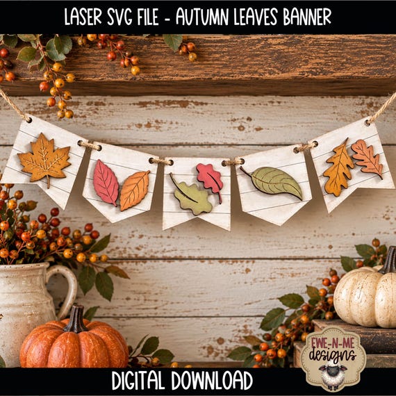 Autumn Leaves Banner Laser Ready SVG File - Fall Leaf Garland - Wood Banner Laser Cut File - Autumn Mantel Decor