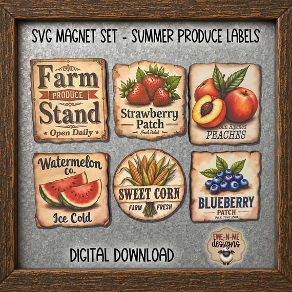 Farmers Market Magnet SVG Bundle -  Printable Magnet Art, Printable Stickers - Digital Download - Summer Produce Labels SVG