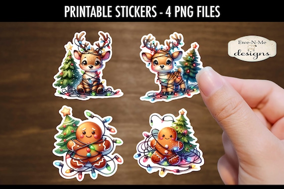 Tangled Christmas Lights Printable Stickers | 4 PNG Stickers | Gingerbread and Reindeer Tangled in Christmas Lights | Printable Stickers