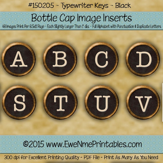 Black Typewriter Keys Bottle Cap Images Printable - Vintage Typewriter Keys Image - Typewriter Alphabet Graphics  - PDF and/or JPG File