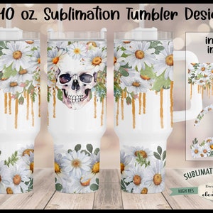 40 oz Watercolor Sublimation Tumbler Design | Daisy Skull Drip Design 40 oz. Tumbler Wrap