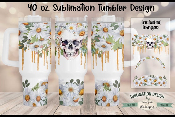 40 oz Watercolor Sublimation Tumbler Design | Daisy Skull Drip Design 40 oz. Tumbler Wrap