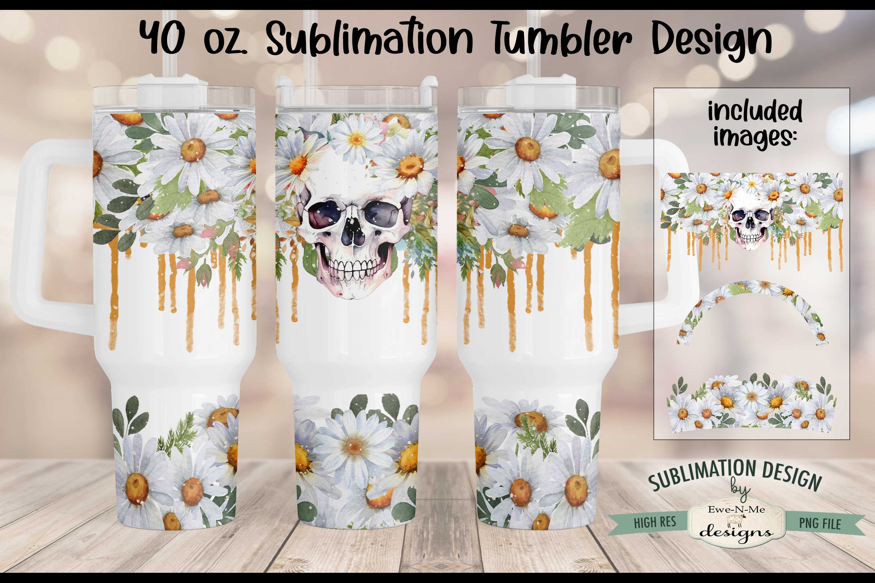 40 oz Watercolor Sublimation Tumbler Design | Daisy Skull Drip Design 40  oz. Tumbler Wrap