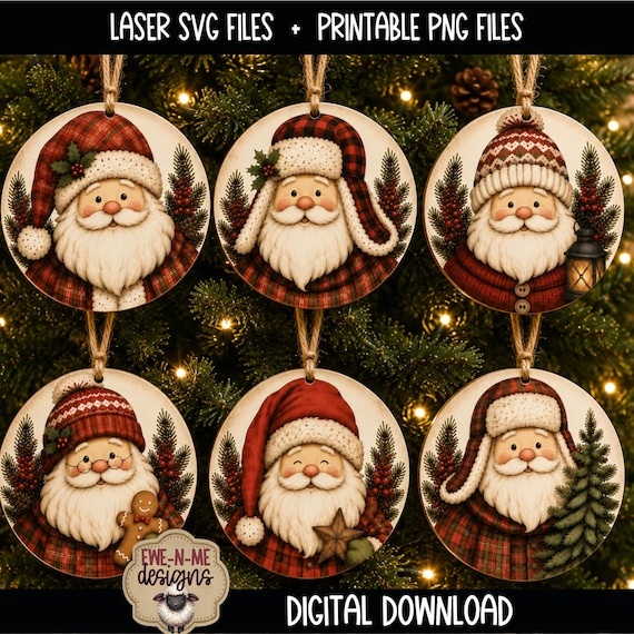 Santa Ornament SVG Bundle - Printable Santa PNG Files - Christmas Sticker Files - Primitive Christmas Ornaments - Digital Files