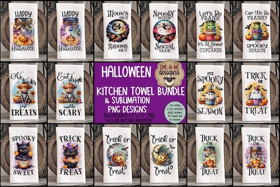 Halloween Sublimation Bundle – 16 Spooky Cute Kitchen Towel PNG Designs | Trick or Treat, Witches, Cats & Pumpkin Clipart