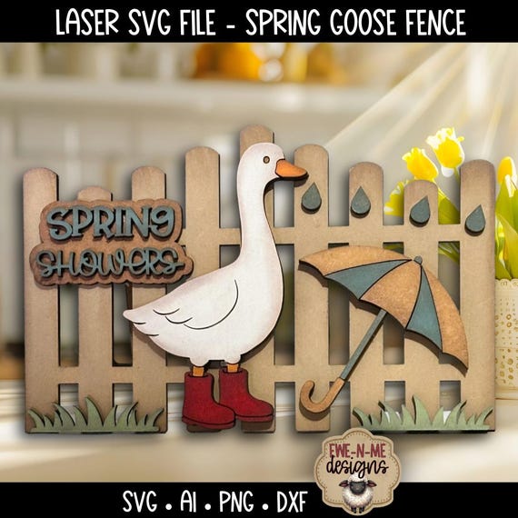 Goose with Boots Fence SVG - Spring Showers Goose Shelf Sitter Laser Cut File - Layered Goose with Rain Boots Umbrella - Picket Fence SVG