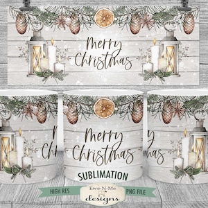 Christmas Lanterns Mug Sublimation Design  | Rustic Christmas - Printable 11 oz. and 15 oz. Mug Sublimation Wrap PNG