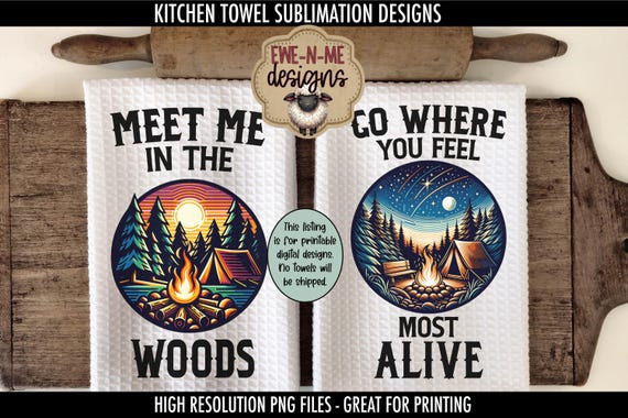 Camping Outdoor Design for Kitchen Towels - Camping Towel Designs - Round Camp Fire Designs - Round Camping Sublimation PNG