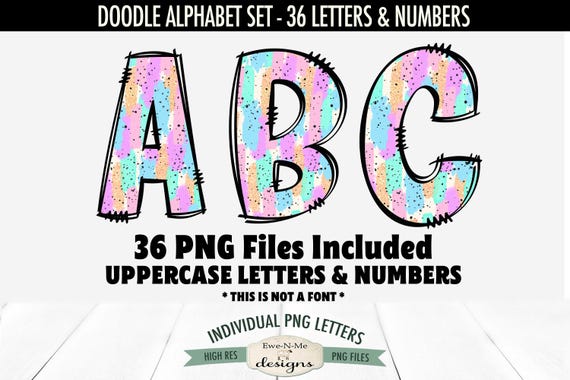 Pastel Brushstrokes Doodle Alphabet & Numbers | 36 PNG Files | Individual Letters and Numbers in PNG format Brush Stroke Letters and Numbers