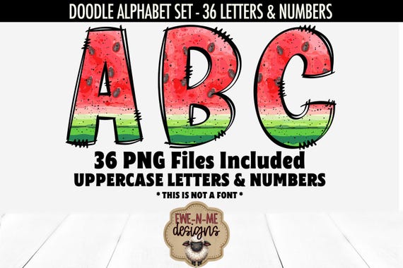 Watermelon Doodle Alphabet & Numbers | 36 PNG Files | Individual Letters and Numbers in PNG format | Summer Letters and Numbers