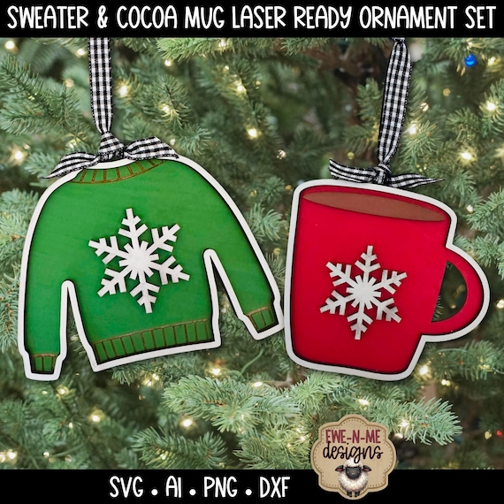Christmas Sweater  and Cocoa Mug Ornament SVG Files -  Laser Cut Holiday Designs (Digital Download)