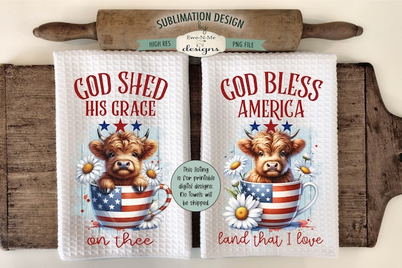 Patriotic Highland Cows in a Coffee Cup Sublimation Design for Kitchen Towel -  July 4th Kitchen Towel Designs - Red White Blue Towel Design