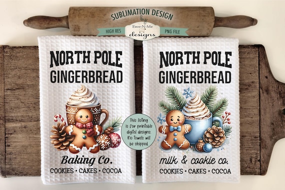 North Pole Gingerbread Cocoa Kitchen Towel Sublimation Designs - Milk Cookie Co - Baking Co - Christmas Kitchen Design