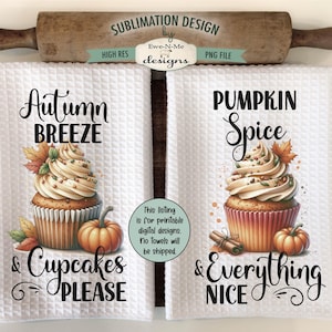 Designs de sublimação para panos de prato com especiarias de abóbora - Pano de prato com cupcakes de outono - Designs de cozinha de outono