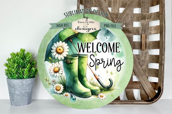 Spring Rain Boots with Daisies Round Sublimation Design | Door Hanger Round | Boots Umbrella Daisy Wreath Sign Printable