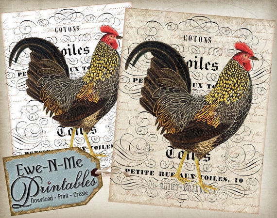 Printable French Country Wall Decor Vintage Rooster - Printable Images for Fabric or Paper  - JPG File - Commercial Use - Printable Wall Art