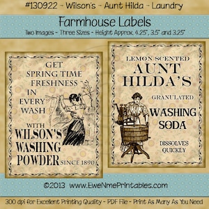 May include: Two vintage-style printable labels for laundry products. The first label features a woman doing laundry with the text "Get Spring Time Freshness in Every Wash with Wilson's Washing Powder Since 1890". The second label features a woman using a washing machine with the text "Lemon Scented Aunt Hilda's Granulated Washing Soda Dissolves Quickly".