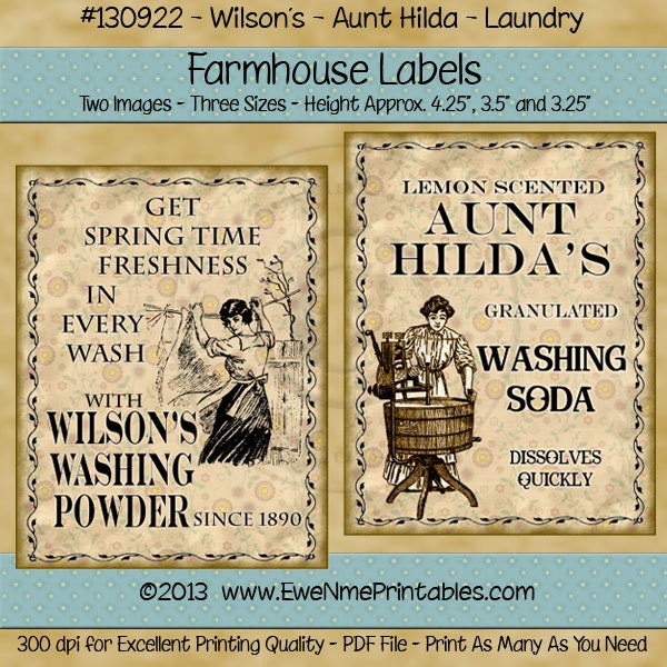 Vintage Look Laundry Farmhouse Label Printables - Aunt Hildas Washing Soda, Wilson Washing Powder - Antique look Labels - PDF or File