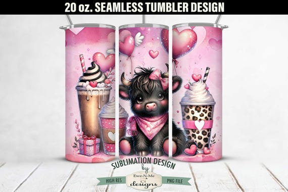 20 oz Valentine Adorable Black Highland Cow with Coffee Cups and Hearts Sublimation Tumbler Design | Seamless Design for 20 oz Tumbler
