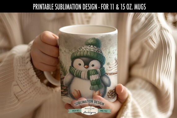 Penguin in Green Sublimation Design for Mugs  | Penguin Christmas Mug | Printable 11 oz. and 15 oz. Mug Sublimation Wrap PNG
