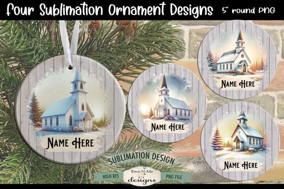 Snowy Country Church Ornament Designs PNG Files | Four country Church Ornament Designs with Rustic Wood Border