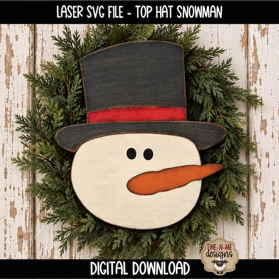 Primitive Snowman Face Laser Ready SVG File, Top Hat Snowman Wood Cutout, Winter Snowman Wreath Attachment, DIY Laser Cut File