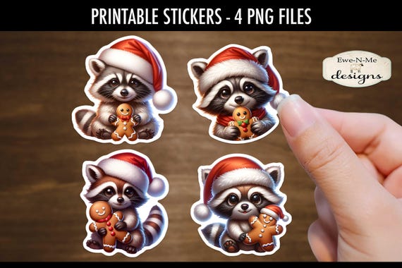 Raccoons with Gingerbread Printable Stickers | 4 Raccoon PNG Stickers | Print and Cut Raccoon Stickers | Christmas Stickers