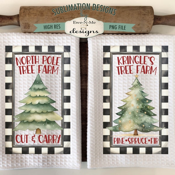 Design de sublimação para toalha de cozinha Tree Farm - Kringles Tree Farm - North Pole Tree Farm - Cozinha de Natal PNG