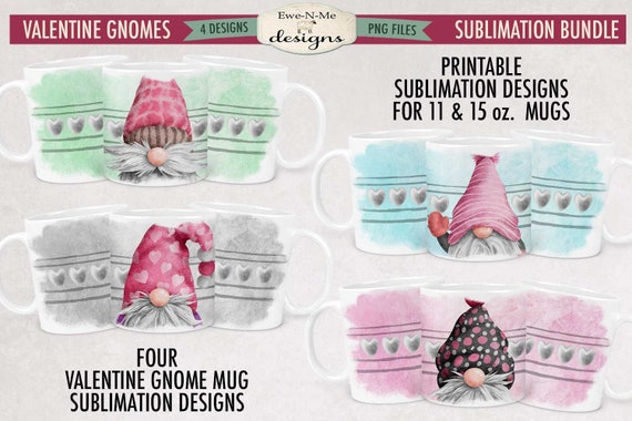 Valentine Gnome Sublimation Mug Design Bundle - Printable 11 oz. and 15 oz. Mug Sublimation Wrap PNG