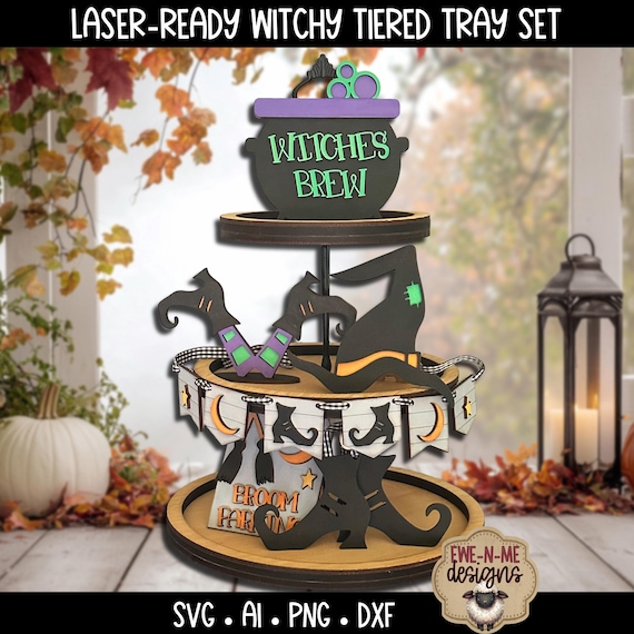 Cute Halloween Witch Tiered Tray Laser Cut Files | Halloween SVG Set for Laser Cutters | Glowforge Tested