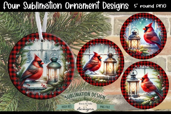 Cardinals with Lanterns Christmas Ornament Designs PNG Files | Four Cardinal Ornament Designs with Red Buffalo Plaid Border