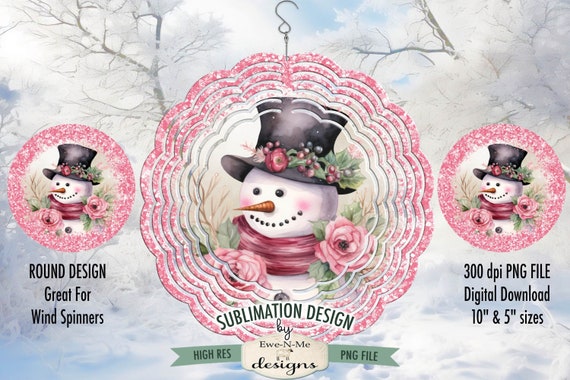 Pink Floral Snowman Wind Spinner Sublimation Design | Round Snowman Sublimation Design | Pink Christmas Sublimation Design