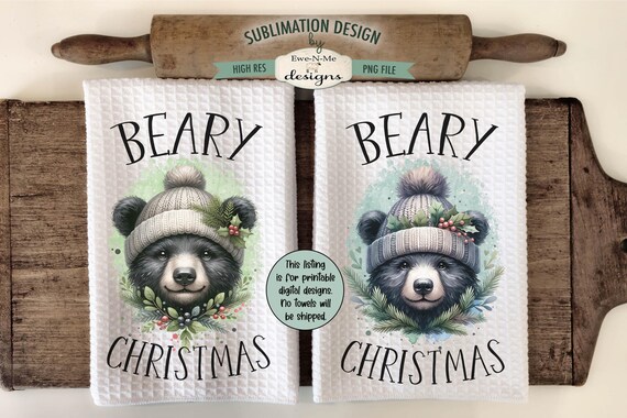 Christmas Bears Kitchen Towel Sublimation Designs - Black Bears With Knit Hats Sublimation Designs - Holiday Kitchen Towel Designs