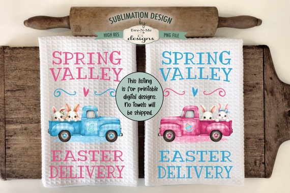 Plaid Easter Trucks Sublimation Kitchen Towel Designs -  Spring Valley Special Delivery - Bunny Truck Sublimation Dish Towel Designs