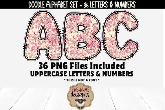 Pink Chinoiserie Doodle Alphabet & Numbers | 36 PNG Files | Individual Letters and Numbers in PNG format | Pink Toile Letters and Numbers