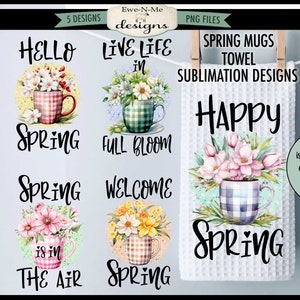 Spring Flowers in Plaid Mugs Kitchen Towel Sublimation Bundle -  Pretty Spring Flowers Sublimation Designs - Floral Kitchen Designs