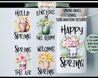 Paquete de sublimación de tazas y toallas de cocina con flores de primavera a cuadros - Diseños florales de sublimación de flores de primavera - Diseños florales para cocina