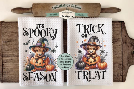 Halloween Highland Cows with Spiders Towel Sublimation Design - Highland Cow with Spiders and Pumpkins - Spooky Towel Sublimation Design