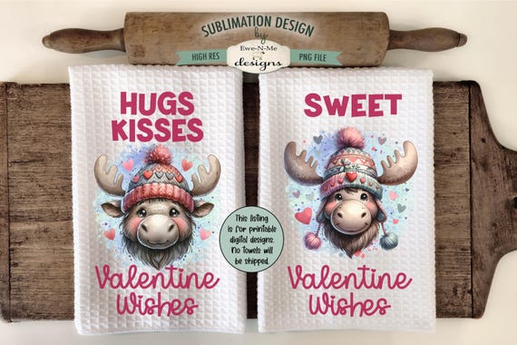 Valentine Moose Towel Sublimation Design -  Valentine Wishes - Valentine Moose with Knit Hats