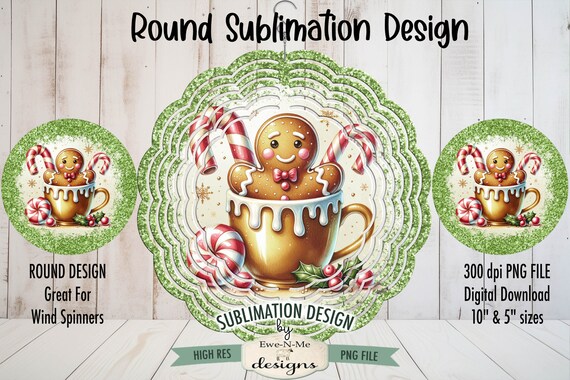 Gingerbread In Gold Coffee Cup Wind Spinner Sublimation Design | Round Gingerbread Green Sublimation Design | Christmas Sublimation Design