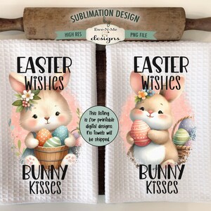 Pu&ograve; includere: Due asciugamani da cucina bianchi con un design di sublimazione che presenta un coniglio dei cartoni animati che tiene uova di Pasqua. Il testo sugli asciugamani recita "Easter Wishes Bunny Kisses".