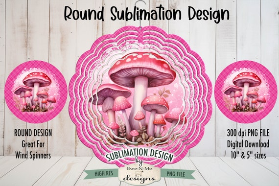 Bright Pink Mushrooms Wind Spinner Sublimation Design | Round Mushroom Sublimation Design | Pink Spotted Mushrooms Door Hanger Design